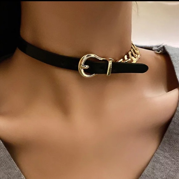 🌟 Choker Leather Gold Chunky Two Tone Chain Necklace Choker - Picture 4 of 5